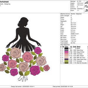 May include: Black silhouette of a woman in a dress made of roses. The design is 5 inches by 6.2 inches. The image includes the text "Lovely Points Studio" and production details.
