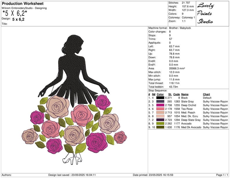 May include: Black silhouette of a woman in a dress made of roses. The design is 5 inches by 6.2 inches. The image includes the text "Lovely Points Studio" and production details.