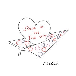Plane and Hearts Outline Embroidery Design, Paper Plane Line Art Embroidery Design, 7 Sizes Digital File, Instant Download, Valentine Design