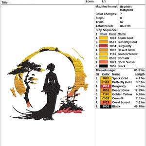 May include: A digital embroidery design featuring a silhouette of a woman standing in front of a sunset. The design includes a tree, a crescent moon, and a variety of colors, including black, gold, yellow, orange, and red. The design is titled "*4,73 X 4,3*" and is 4.73 inches by 4.3 inches.
