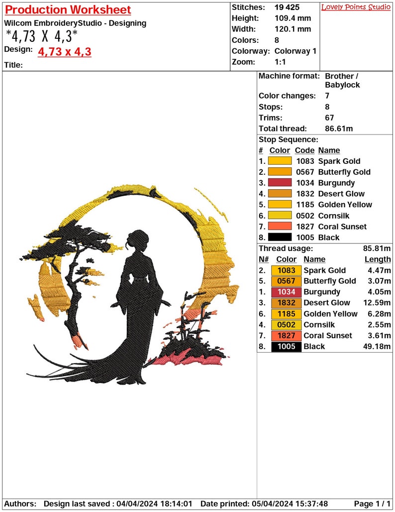 May include: A digital embroidery design featuring a silhouette of a woman standing in front of a sunset. The design includes a tree, a crescent moon, and a variety of colors, including black, gold, yellow, orange, and red. The design is titled "*4,73 X 4,3*" and is 4.73 inches by 4.3 inches.