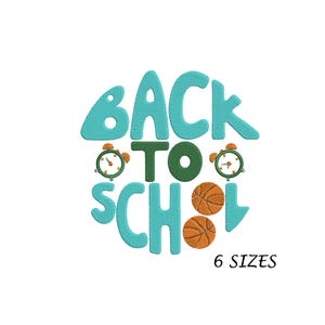 May include: A turquoise blue circle with the text "BACK TO SCHOOL" in a playful font. The circle is decorated with two green alarm clocks and two orange basketballs.