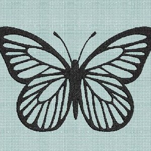 May include: A black butterfly with detailed wings against a light blue background.