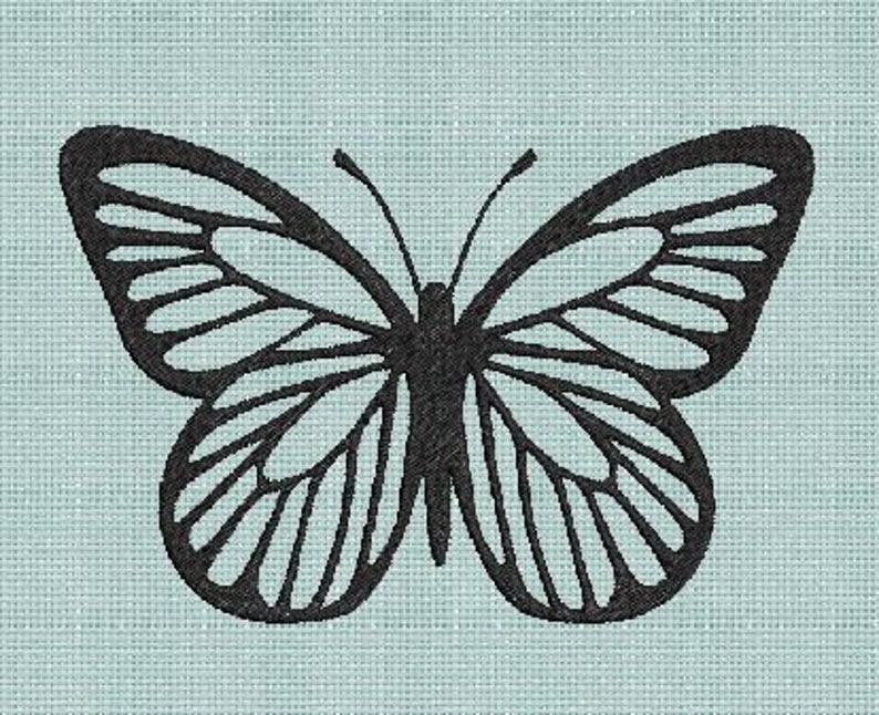 May include: A black butterfly with detailed wings against a light blue background.