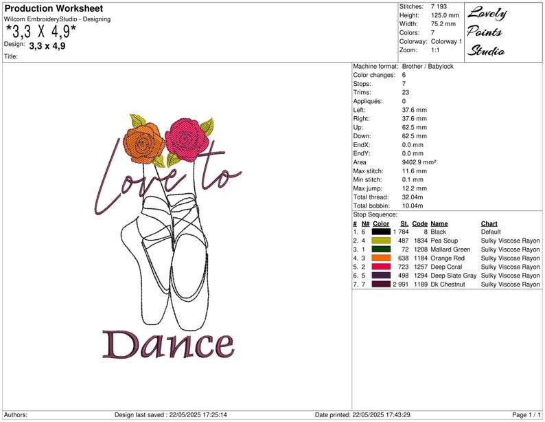 May include: An embroidery design featuring ballet shoes with the text "Love to Dance". The design includes two flowers, one orange and one pink, with green leaves. The text and ballet shoes are in a dark purple color.