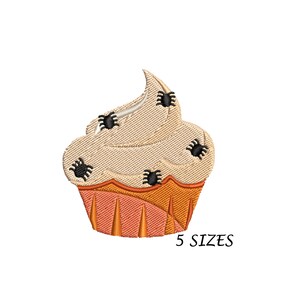 May include: A white cupcake with orange frosting and black spiders on top. The text "5 SIZES" is below the cupcake.