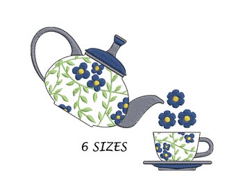 Flowered Teapot and Cup Embroidery Design: Tea Time (Digital File)