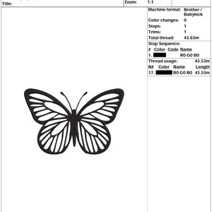 May include: Black and white embroidery design of a butterfly, titled "papillon noir 4 x 2.62". The design is 6.7 cm high and 10.18 cm wide and uses 9,070 stitches.