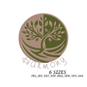 Könnte beinhalten: Ein kreisförmiges Design mit einem Baum, der in zwei Hälften in verschiedenen Farben geteilt ist. Das Wort "Harmony" ist darunter in Schreibschrift geschrieben. Der Text "6 SIZES" und Dateiformate sind ebenfalls enthalten.