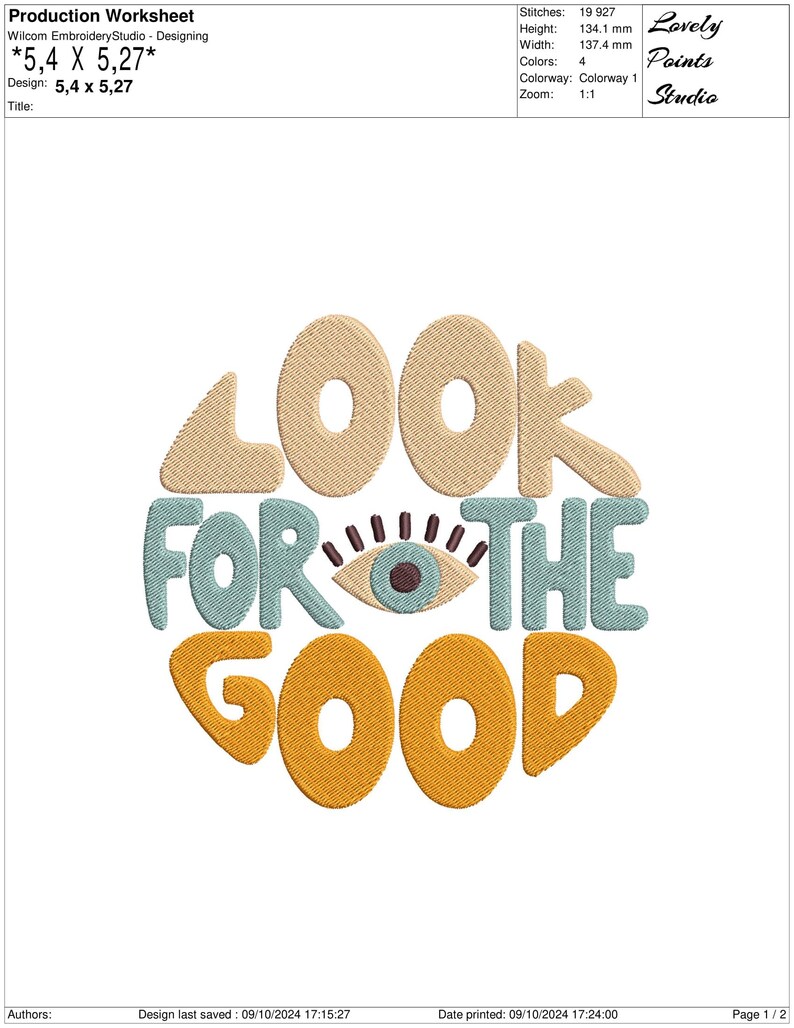 Pu&ograve; includere: Design ricamato con il testo "LOOK FOR THE GOOD" in un cerchio con un occhio stilizzato al centro. Il testo &egrave; in un font retr&ograve; con colori arancio, giallo e blu.
