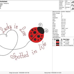 May include: An embroidery design showing a red ladybug with black spots and a heart, with the text "Lucky in Love Spotted in Life." The design measures 15.75 cm x 10.71 cm.
