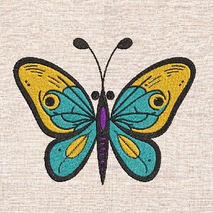 May include: A blue and yellow butterfly with black outlines. The butterfly has a purple center and two black antennae.