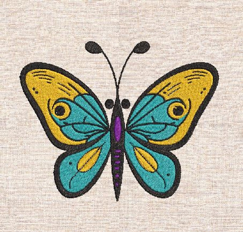 May include: A blue and yellow butterfly with black outlines. The butterfly has a purple center and two black antennae.