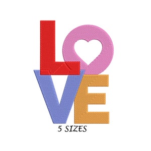 Amor 4 letras y diseño de bordado de corazón para máquina, 4 colores Cartas de amor de San Valentín en 5 tamaños y múltiples formatos, Descarga instantánea