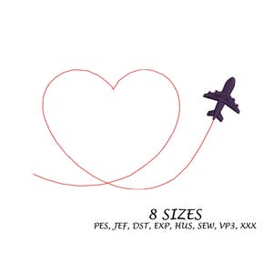 Mini Airplane and Heart Embroidery design, 8 Sizes Digital File, Multi Formats, Machine Embroidery Design, Instant Download, Machine File