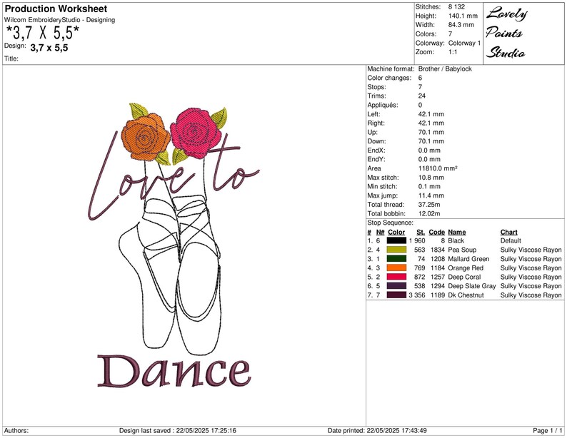 May include: An embroidery design featuring ballet pointe shoes with the text "Love to Dance." The design includes two roses, one orange and one pink. The design dimensions are 3.7 x 5.5 inches.
