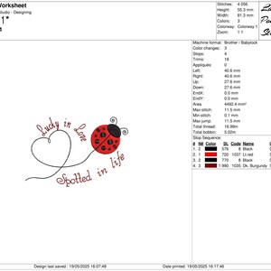 May include: Embroidery design showing a red ladybird with black spots and the words "Lucky in Love Spotted in Life" in red script. The design includes a heart and a curved line. The design is 8.13 cm wide and 5.53 cm high.