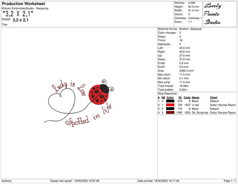 May include: Embroidery design showing a red ladybird with black spots and the words "Lucky in Love Spotted in Life" in red script. The design includes a heart and a curved line. The design is 8.13 cm wide and 5.53 cm high.