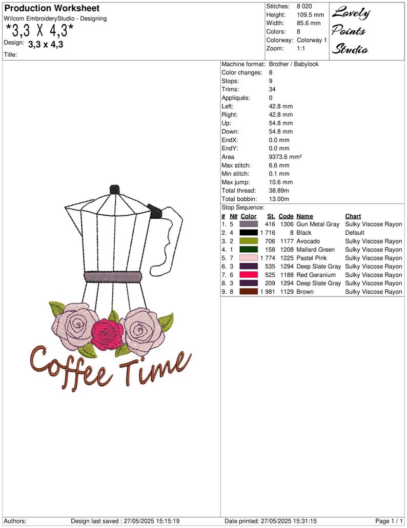 May include: An embroidery design worksheet featuring a coffee pot illustration with the text "Coffee Time" below. The design is 3.3 x 4.3 inches and includes roses in pink and red. The worksheet includes color and stitch information.
