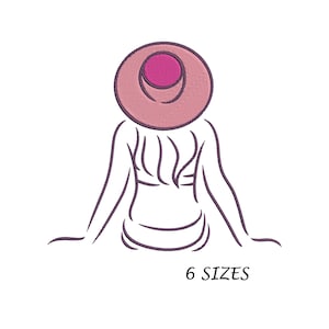 Woman Sunbathing Outline Embroidery Design, Machine Embroidery Design, 6 Sizes Digital File, Instant Download, Woman and Hat Embroidery File