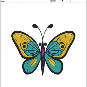 May include: A colorful butterfly embroidery design with yellow, blue, and purple accents. The design is 6.25 inches wide and 5.03 inches tall. The design is titled "*6,25 X 5,03*" and is 6.25 inches by 5.03 inches.