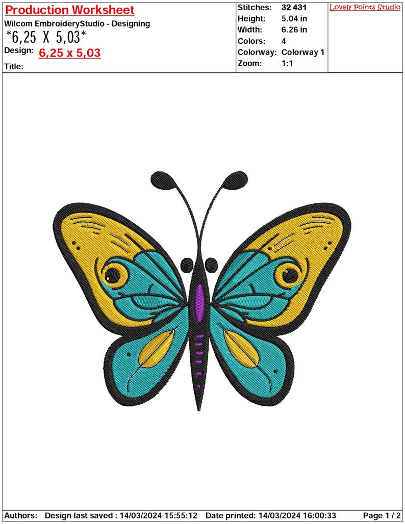 May include: A colorful butterfly embroidery design with yellow, blue, and purple accents. The design is 6.25 inches wide and 5.03 inches tall. The design is titled "*6,25 X 5,03*" and is 6.25 inches by 5.03 inches.