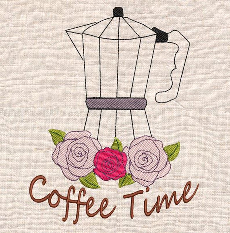 May include: An embroidered design featuring a coffee pot with a black outline, a purple band, and a black handle. Below the coffee pot are three roses in pink and red, with green leaves. The words "Coffee Time" are written in brown cursive.