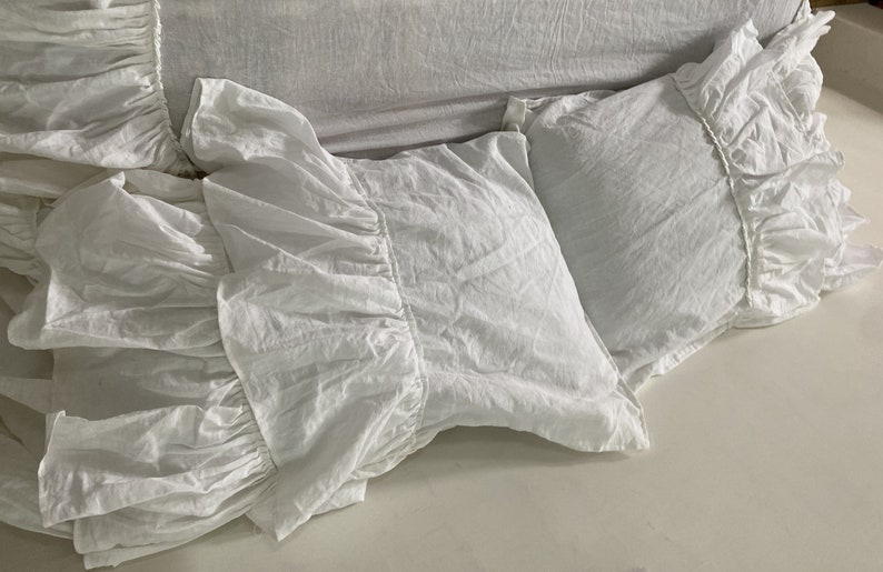 White Linen three ruffle pillowcases,ruffled stone-washed linen PillowCover set,2 matching Pillowcases, custom size, all size available image 3