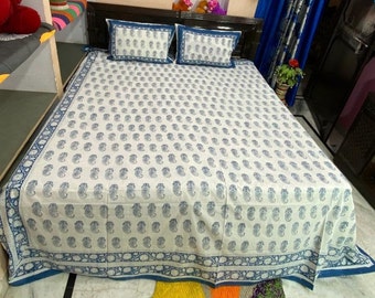 Handmade jaipuriya Indian Hand Block Printed Queen Size Flat Bed Sheet + 2 Pillow Covers Set, kalam kari, 100% Organic Cotton Flat Sheet