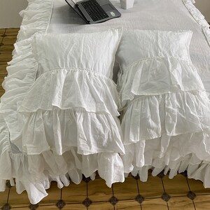 White Linen three ruffle pillowcases,ruffled stone-washed linen PillowCover set,2 matching Pillowcases, custom size, all size available image 2