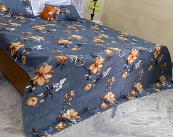 Indian Hand block print Blue Cotton Bed sheet/ Bedspread with 2 Jaipuri pillow covers
