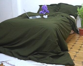Moss Green 100% Linen Duvet Cover Set, Coconut Button Closure, Cozy Bedding