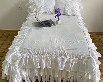 White Ruffle Linen DUVET COVER set,Shabbychick thick linen QUILT Cover with free 2matching pillowcases,Linen duvet cover,king,twin,fullQueen