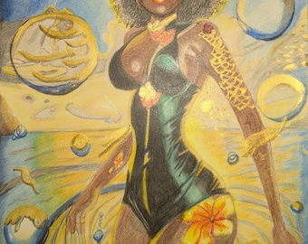 Hand Drawn Colored Pencil and Acrylic Painting: Water Goddess Art (Framed)