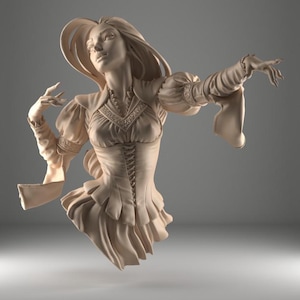 May include: A beige-colored sculpture of a woman in a flowing gown with long sleeves and a laced bodice. The woman's hair is swept back, and her arms are outstretched. The sculpture has a detailed design and is set against a gray background.