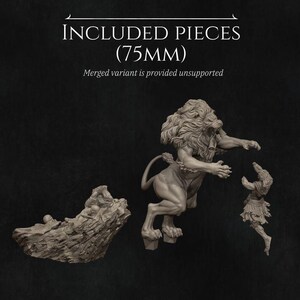 May include: A set of three 75mm miniature figures, including a lion, a rock formation, and a human figure. The lion is standing on its hind legs, with its mouth open and its claws extended. The human figure is standing on the rock formation, with its arms raised in a defensive posture. The figures are made of a light gray plastic.