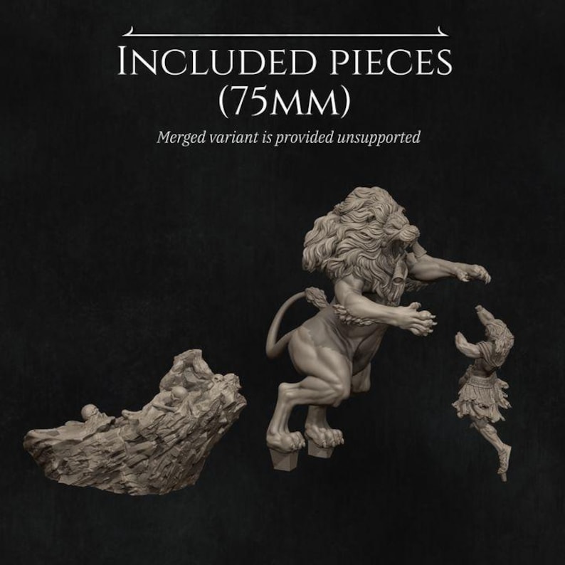 May include: A set of three 75mm miniature figures, including a lion, a rock formation, and a human figure. The lion is standing on its hind legs, with its mouth open and its claws extended. The human figure is standing on the rock formation, with its arms raised in a defensive posture. The figures are made of a light gray plastic.