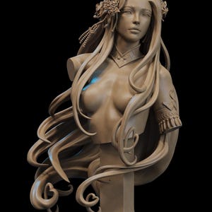 May include: A detailed bust sculpture of a woman with long flowing hair and a floral crown. The sculpture is in a neutral beige color, with intricate details in the hair and clothing. The bust is set against a black background.