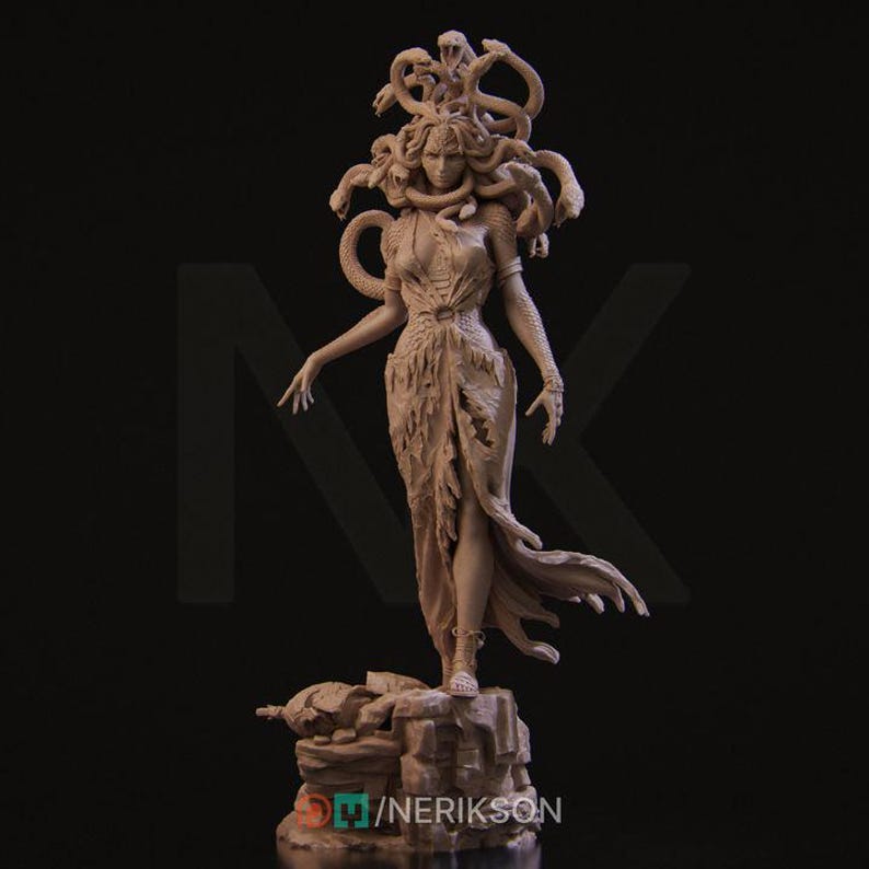 May include: A detailed sculpture of Medusa, a mythical Greek figure with snakes for hair, wearing a flowing robe. The sculpture is made of a light brown material and is posed in a dramatic stance.