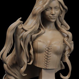 May include: A tan-colored bust sculpture of a woman with long, flowing hair. The sculpture features a detailed bodice with a laced front. The woman's expression is serene, and the sculpture is set against a black background.