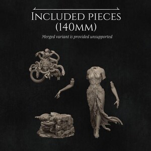 May include: A set of five 3D printed plastic pieces for a 140mm scale model. The pieces include a female figure with snakes for hair, a base, and two arms. The text "Included Pieces (140mm)" and "Merged variant is provided unsupported" is visible in the image.