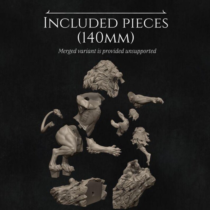 May include: A set of 140mm resin model pieces for assembling a lion statue. The pieces include the lion's head, body, legs, and tail. The pieces are unpainted and require assembly.