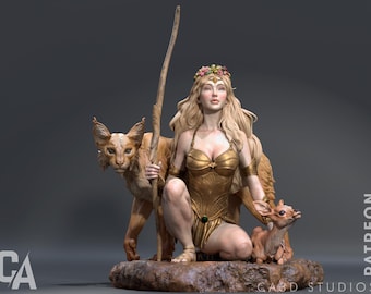 Può includere: Una statua dorata di una donna con lunghi capelli biondi che indossa una corona di fiori e un pettorale dorato. Tiene un bastone ed è circondata da un lince e un cerbiatto.