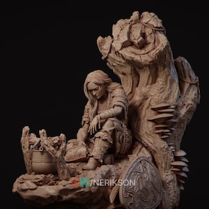 May include: A detailed sculpture of a seated figure in medieval attire, with long hair and a pensive expression. The figure is surrounded by a tree trunk, a shield, and a cooking pot. The sculpture is in shades of brown and beige.