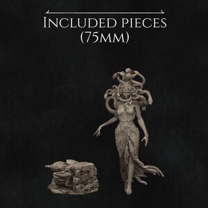 May include: A gray resin miniature of a female figure with snakes for hair. The figure is wearing a long dress and is standing on a rocky base. The miniature is 75mm tall. Included Pieces (75mm)