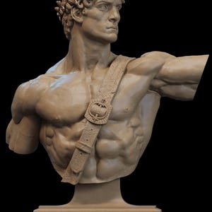 May include: A tan-coloured bust of a muscular figure, adorned with a laurel wreath and a detailed strap across the chest. The sculpture has a classical aesthetic, with a focus on anatomical accuracy and a serene expression.