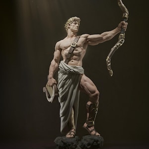 May include: A sculpted figure of a man holding a bow and arrow in one hand and a lyre in the other. The figure is wearing a white toga and sandals. The figure is standing on a rocky base.