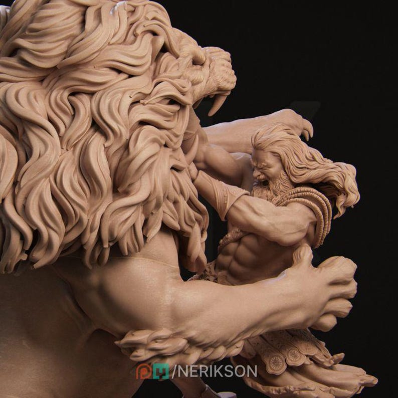 May include: A clay sculpture of a lion and a man wrestling. The lion has a mane of detailed hair and the man has a beard and long hair. The sculpture is in a neutral color.
