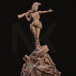 May include: A detailed, unpainted, plastic figurine of a female warrior standing on a pile of debris. She is holding a weapon and wearing a leather vest and pants. The figurine is a model kit for hobbyists.