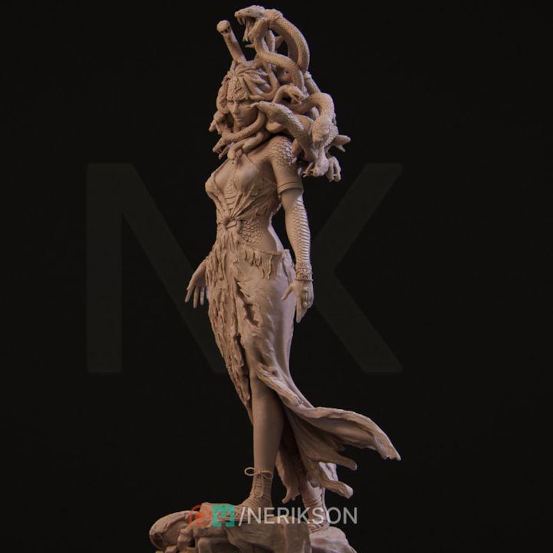 May include: A detailed sculpture of Medusa, a mythical Greek figure with snakes for hair, is depicted in a standing pose. The sculpture is made of a light brown material and is in a realistic style.